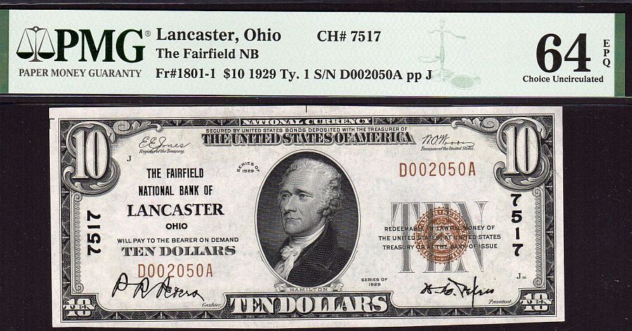 Lancaster, OH, 1929T1 $10, Charter #7517, vCh.CU, PMGS64-EPQ, D002050A